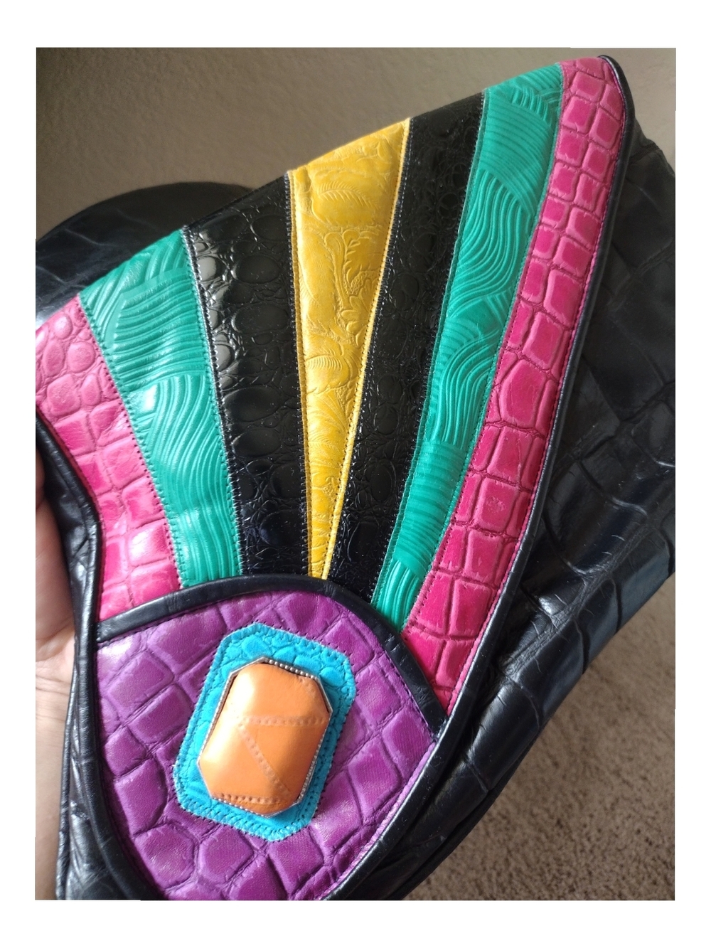 1980s Noble Handbags Inc Colorful Geometric Leather Crossbody Bag - Multicolor - Picture 9 of 13